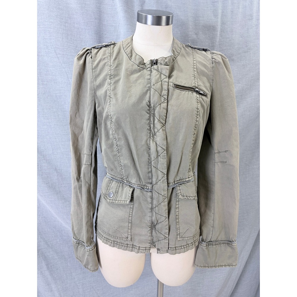 Free People 1970 Military Utility Jacket Olive Green Puff Sleeve Cotton Size 10